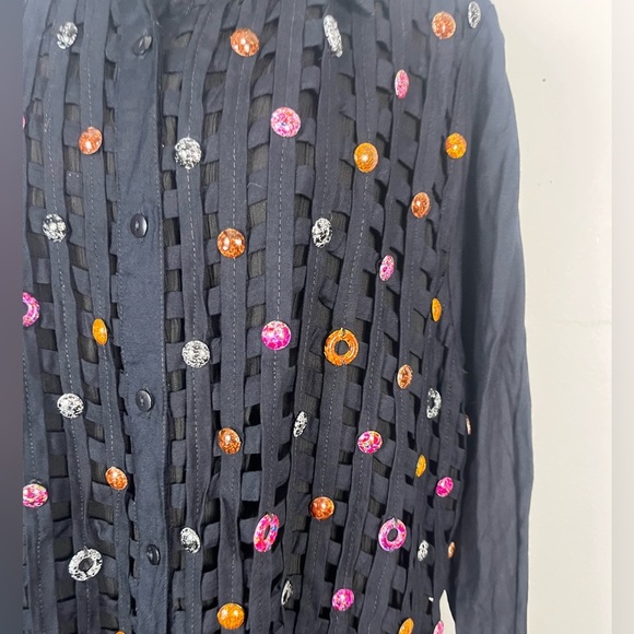 Vintage 90s XTC beaded net black long sleeve button down top size 2x - Picture 2 of 4